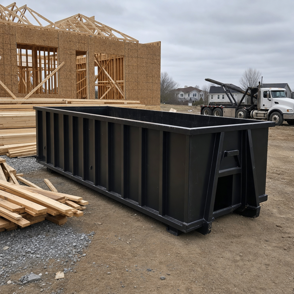 Matte-black 40-yard roll-off dumpster staged on a framed-out residential construction site in Buckeye, framing lumber stacked nearby, hooklift delivery truck visible in the background under bright Colorado daylight