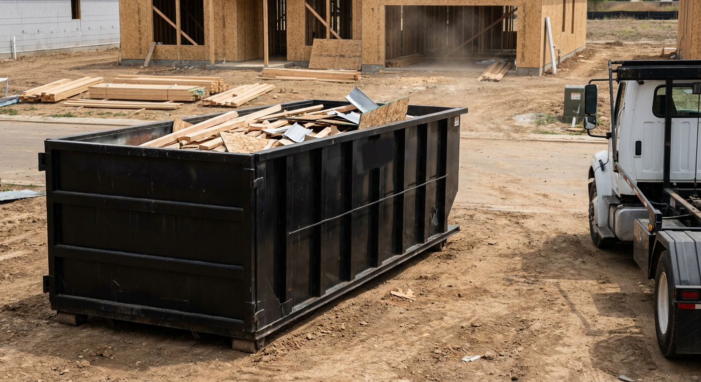Matte-black 20-yard roll-off construction dumpster with heavy ribbed steel sidewalls and swing rear doors at a working jobsite in Buckeye, sitting directly on compacted dirt with an unmarked white hauler partially visible at the far edge of the frame.