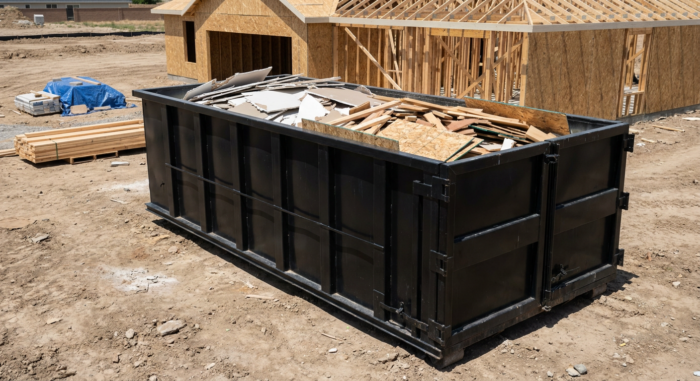Matte-black 30-yard roll-off construction dumpster sitting directly on the compacted-dirt site of a framed single-family home build in Buckeye, drywall and lumber scrap loaded inside.