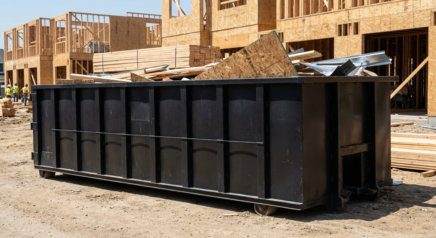 Matte-black 40-yard roll-off construction dumpster being lowered from a white-cab hooklift delivery truck onto the compacted-dirt jobsite at a commercial build site in Buckeye