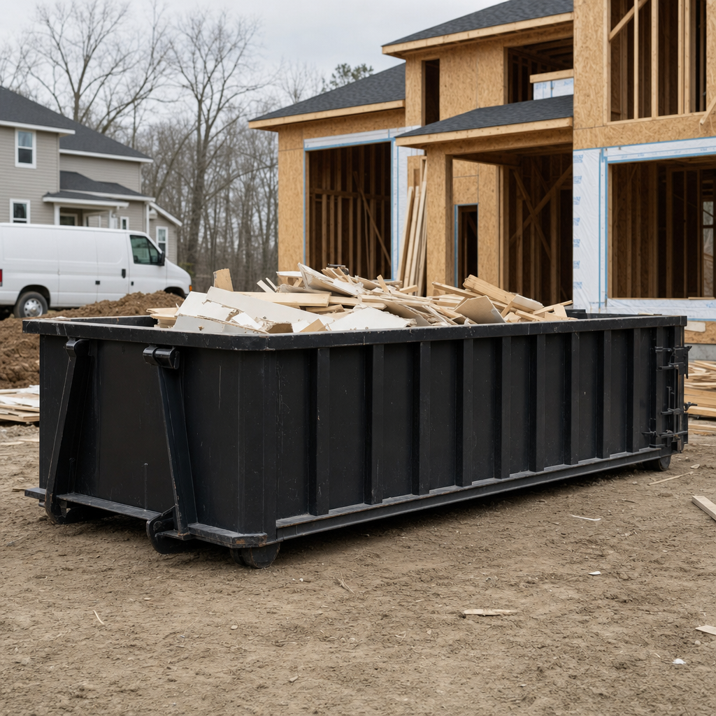 Worker in a yellow high-visibility vest tossing framing lumber and broken drywall into a matte-black 30-yard construction roll-off dumpster on an active build site in Buckeye, bright daylight