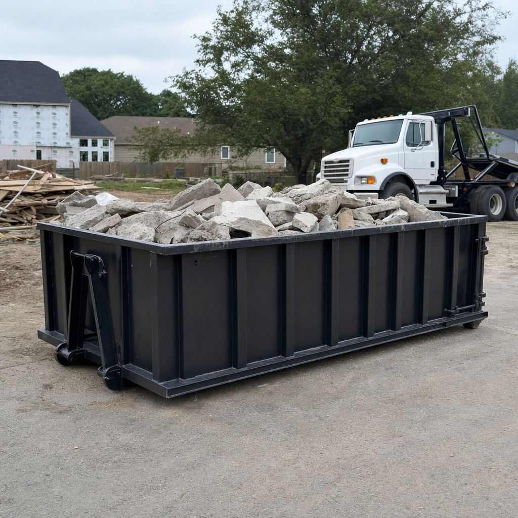Low-profile matte-black lowboy roll-off dumpster loaded with broken concrete slab and rebar at a foundation tear-out in Buckeye, skid steer parked beside it, sunny Colorado morning