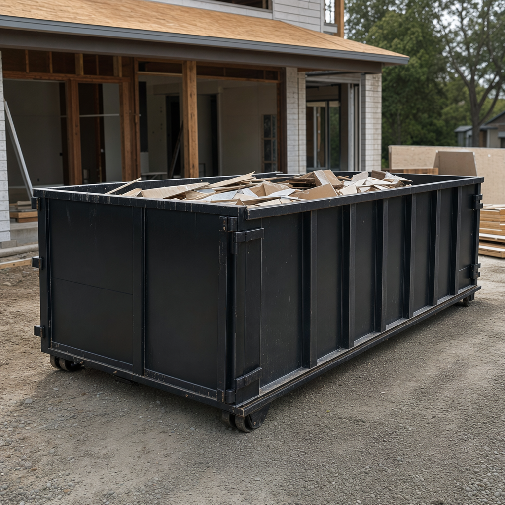 Large matte-black 30-yard construction roll-off dumpster at an active Buckeye jobsite, steel-gray top rails and bottom rollers visible, loaded with construction debris.