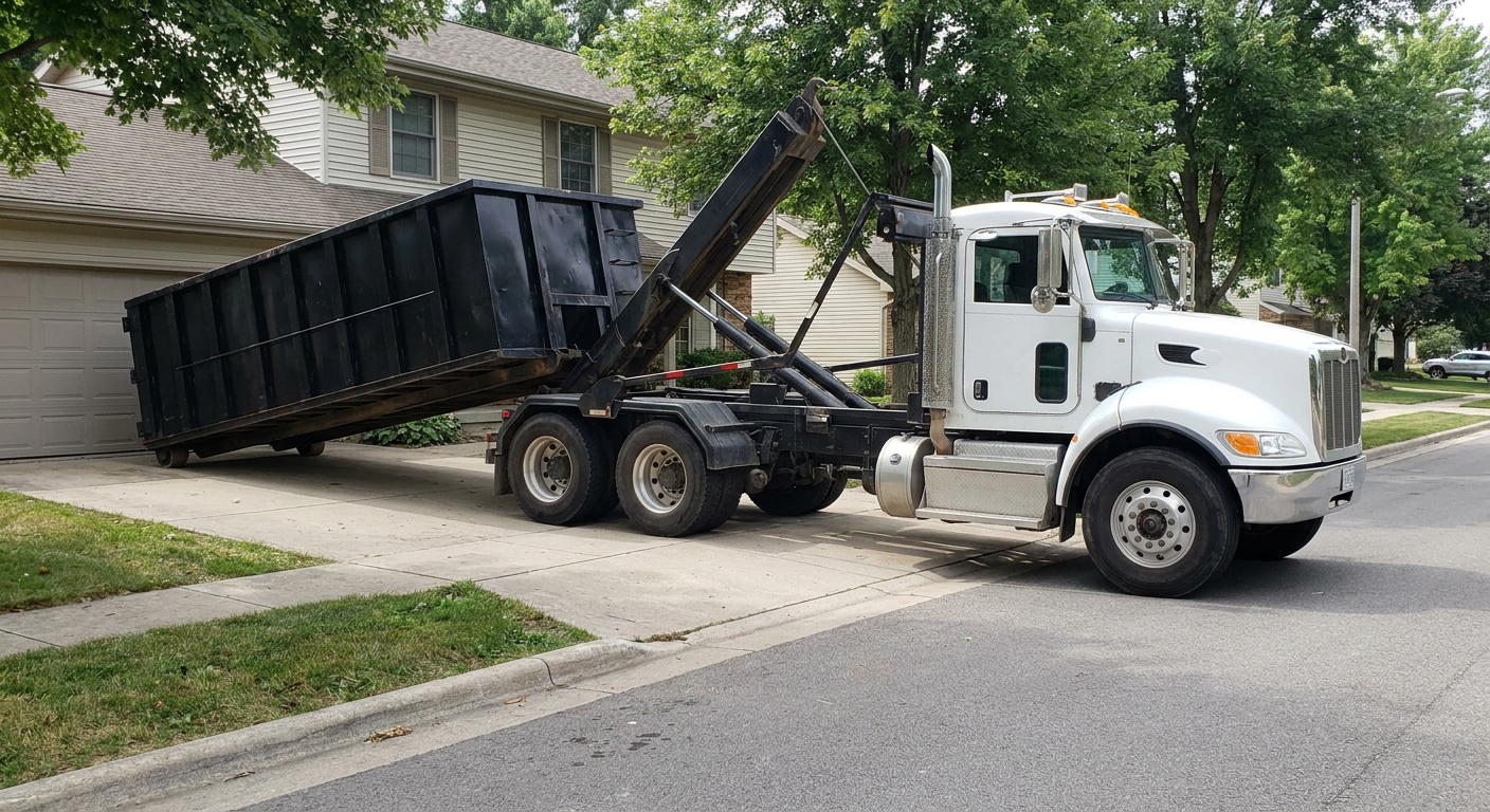 White-cab hooklift roll-off truck actively lowering a matte-black dumpster onto a Buckeye residential concrete driveway, the dumpster's rear wheels touching the driveway as the hoist arm tilts the bed forward, mid-morning daylight.