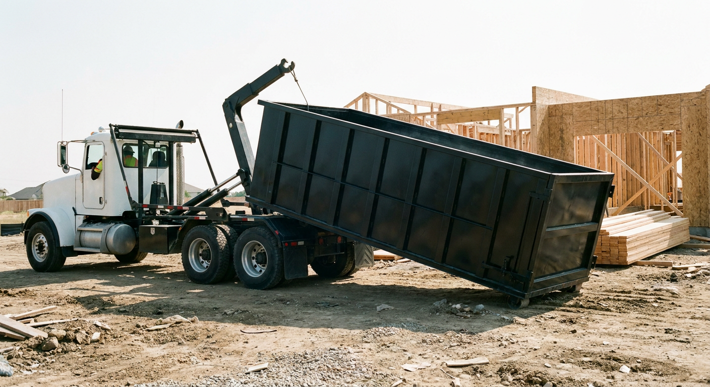 Matte-black roll-off dumpster being delivered onto a clean residential concrete driveway in Buckeye by an unmarked white hooklift hauler truck, bright morning daylight, documentary 35mm perspective.