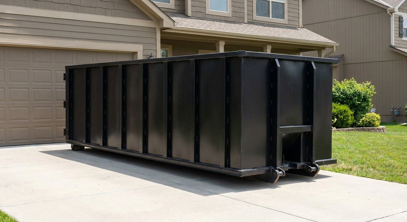 Matte-black residential roll-off dumpster sitting directly on a suburban Buckeye concrete driveway, garage door closed, single-family home in background, bright morning daylight.