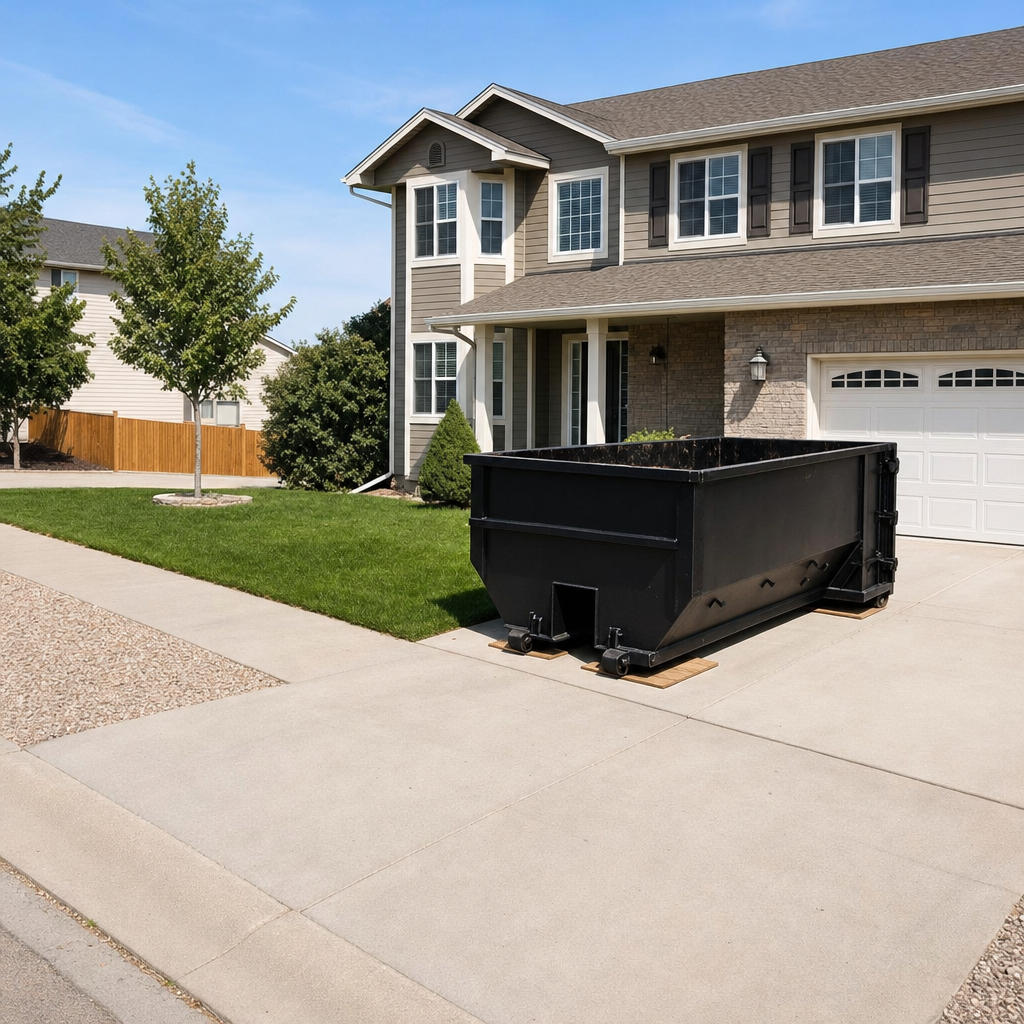 10-yard matte-black residential dumpster placed directly on a narrow Buckeye concrete driveway, room remains for a parked sedan beside it, mid-morning natural light