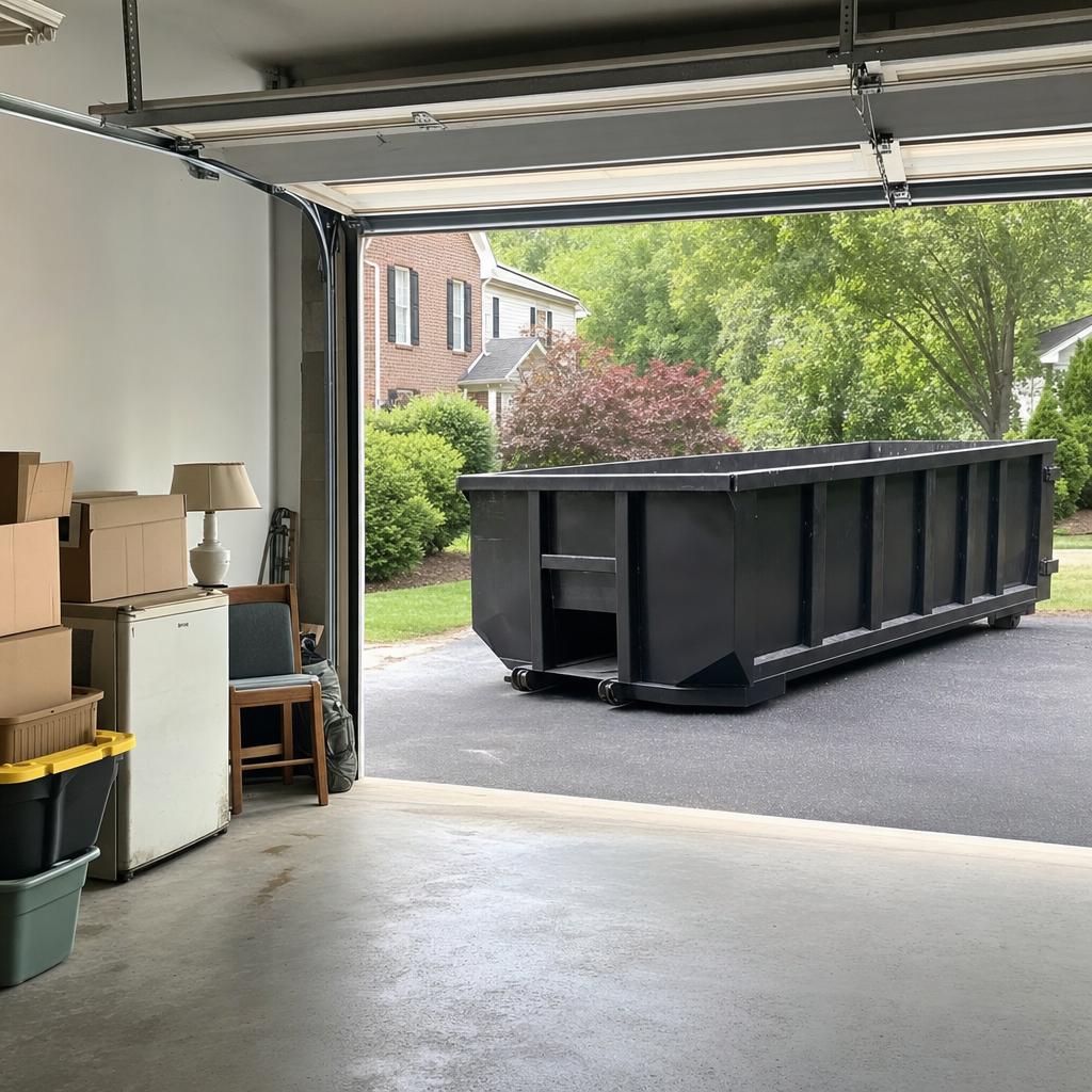 Open garage interior in a Buckeye home mid-cleanout — boxed items, an old appliance, and stacked yard tools queued near the driveway for a matte-black roll-off dumpster, organized and calm