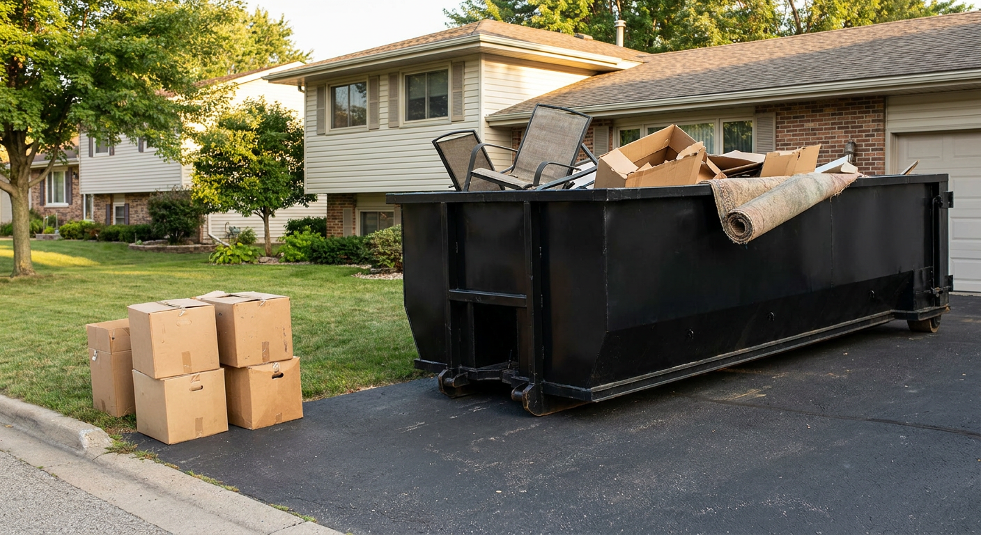 Front-yard view of a Buckeye split-level home with a 20-yard matte-black roll-off dumpster sitting directly on the asphalt driveway, a few clearly labeled donation boxes staged at the curb, calm sunny afternoon.