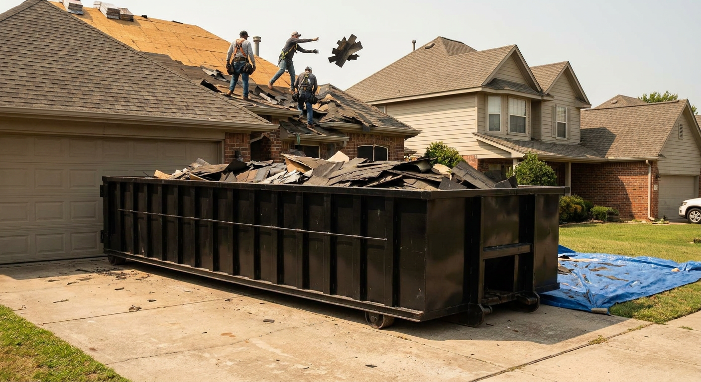 Matte-black roofing roll-off dumpster placed directly on a Buckeye residential concrete driveway, a tear-off crew on a two-story asphalt-shingle roof tossing shingle bundles into the low-walled container, bright daylight, documentary 35mm perspective.
