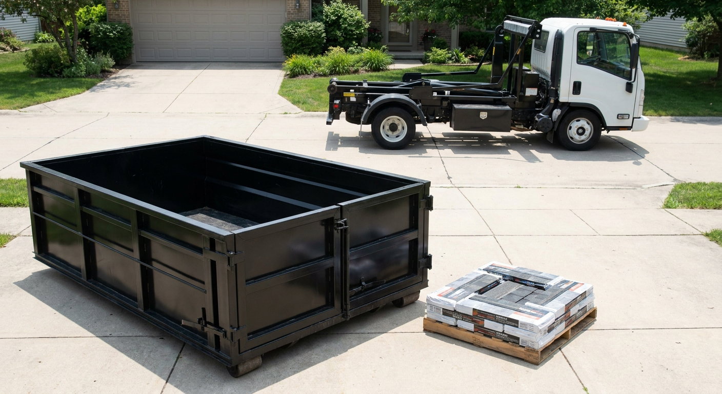 Matte-black 15-yard roofing roll-off dumpster with reinforced low side walls sitting directly on a Buckeye residential concrete driveway, three-tab asphalt shingle bundles stacked nearby, an unmarked white hauler truck partially visible at the edge of the frame.