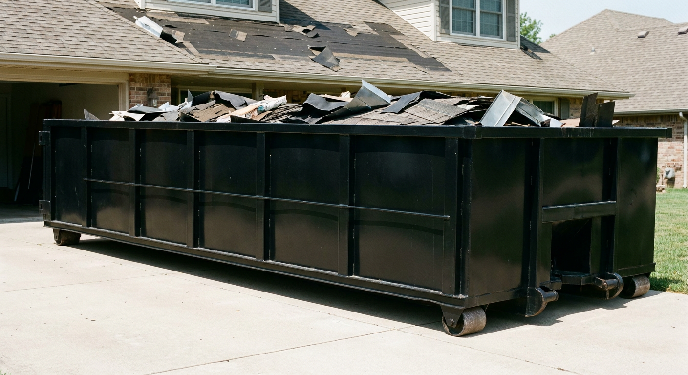 Matte-black 20-yard roofing roll-off dumpster with steel ribbed sides and swinging rear door, sitting directly on the concrete driveway of a two-story Buckeye home, asphalt shingle debris being loaded over the low wall, clean documentary lighting.