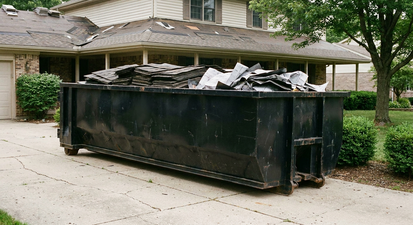 Matte-black 30-yard roofing roll-off dumpster sitting directly on a Buckeye concrete driveway, taller ribbed steel side panels, mixed tear-off debris of asphalt shingles and underlayment inside, professional documentary daylight.