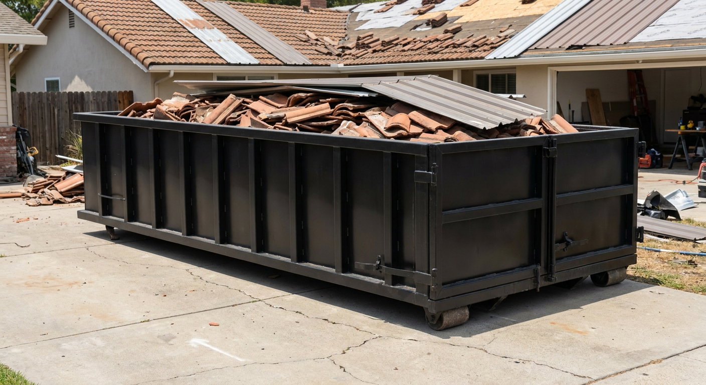 Matte-black low-wall heavy-debris roofing roll-off dumpster sitting directly on a Buckeye concrete driveway, broken concrete clay roof tiles and metal panel sections loaded inside, reinforced ribbed steel side walls visible, bright outdoor daylight.