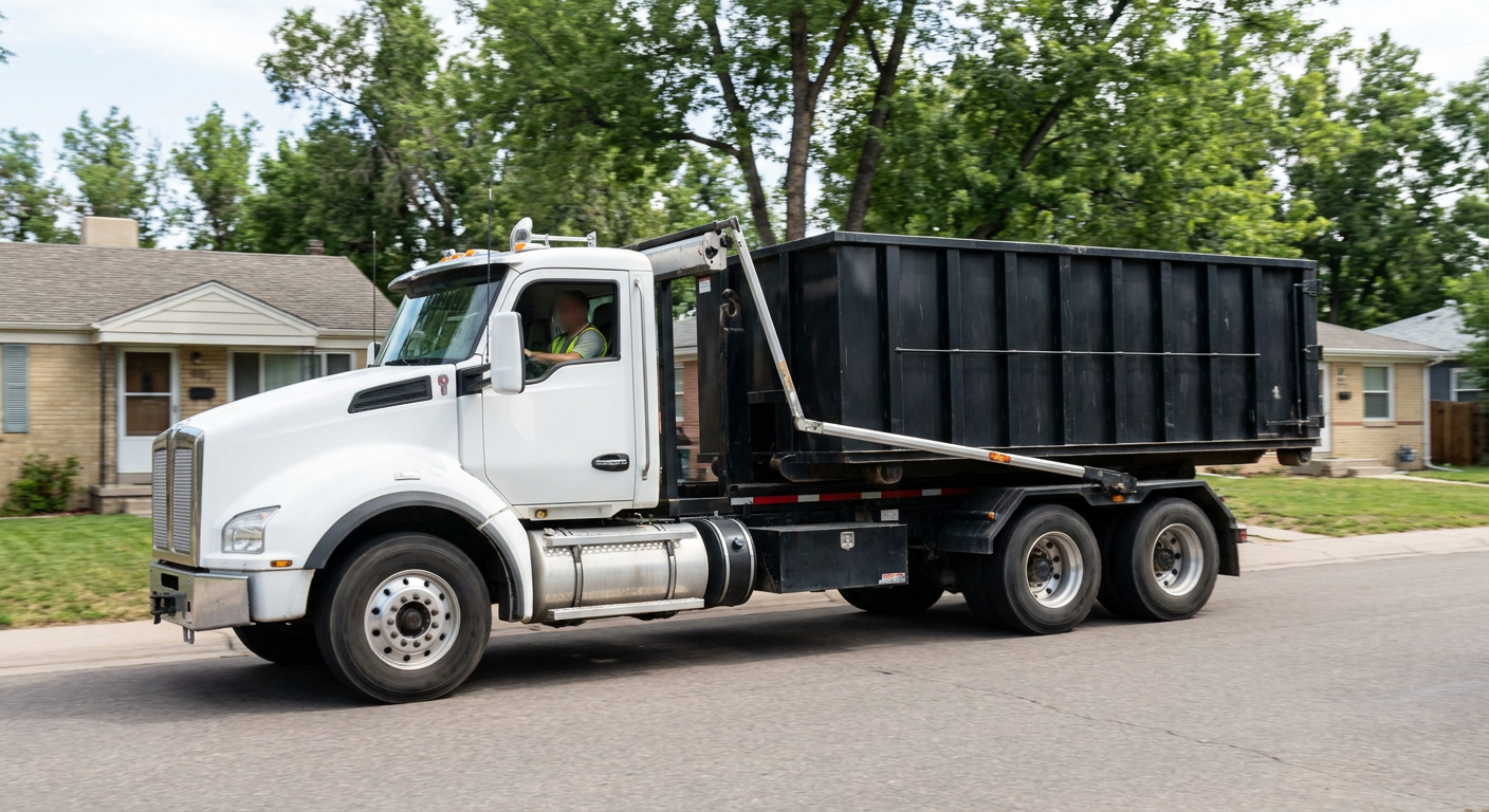 A wide documentary shot of a matte-black roll-off delivery truck pulling onto a quiet Buckeye residential street at mid-morning, with neighborhood rooftops and tree-lined blocks visible behind, showing the metro coverage footprint.