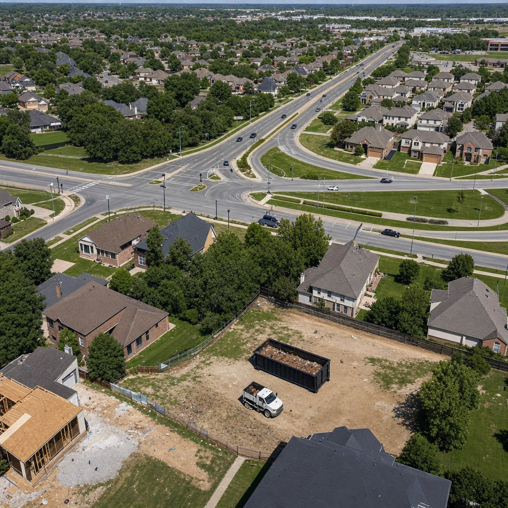 An overhead documentary view of the Buckeye metro area at midday, showing the spread of neighborhoods, arterial roads, and the dispatch radius from a central yard — clean daylight, organized geographic layout.
