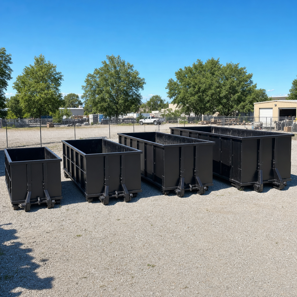 A clean lineup of matte-black roll-off dumpsters in 10, 20, 30, and 40-yard sizes staged on a sunlit gravel yard in Buckeye, showing the size progression from compact to commercial-scale containers.