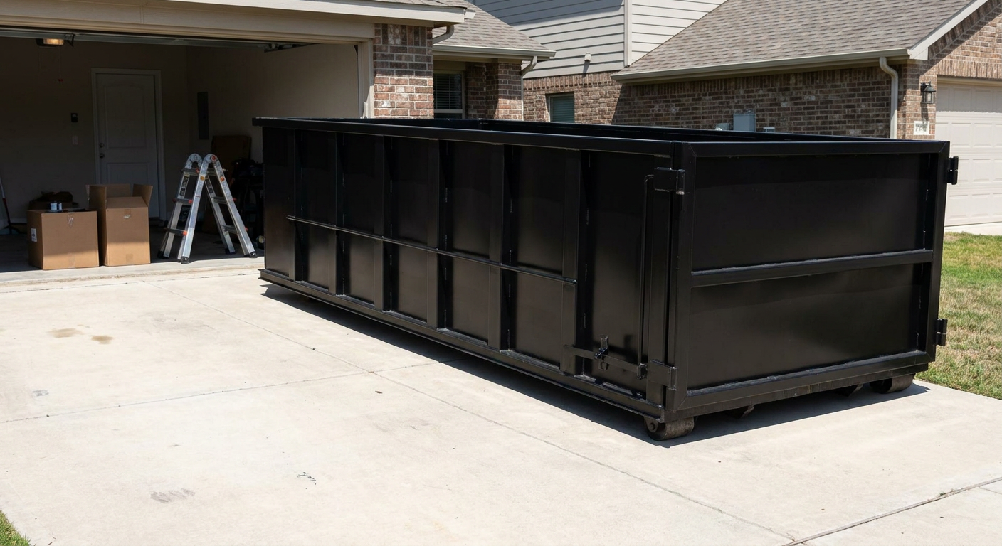 A matte-black 10-yard roll-off dumpster sitting directly on a residential Buckeye concrete driveway, mid-day sunlight, clean and ready for a garage cleanout.