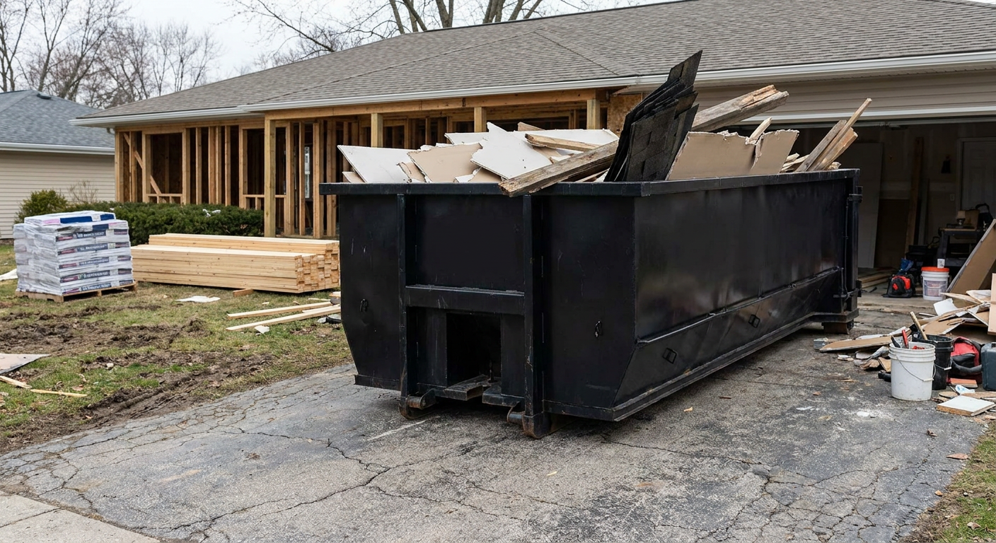 A matte-black 20-yard roll-off dumpster placed alongside a mid-renovation Buckeye home directly on the asphalt driveway, with framing materials and torn-off shingles staged neatly nearby.