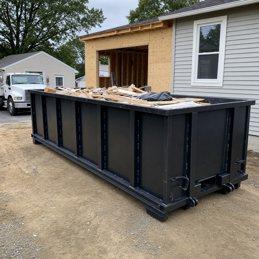 A matte-black 30-yard roll-off dumpster positioned at a Buckeye residential addition jobsite, with framing lumber and drywall scraps loaded through the open swinging rear doors.