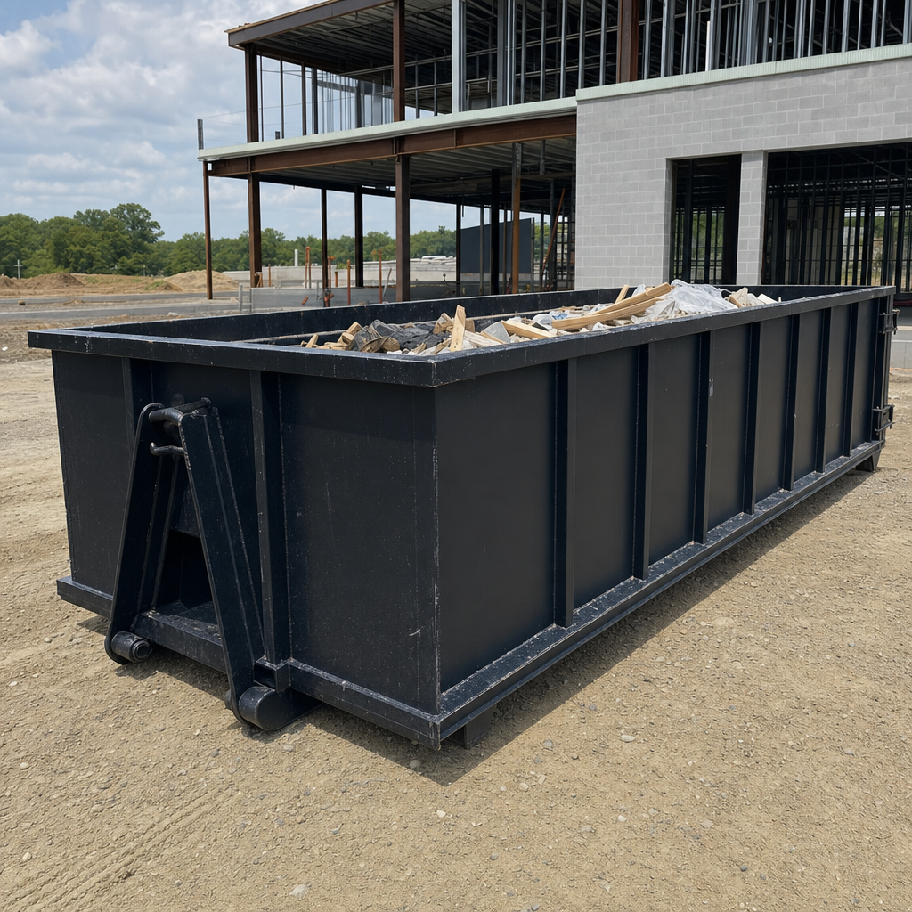 A matte-black 40-yard roll-off dumpster staged on a large Buckeye commercial construction lot, with a hooklift delivery truck parked alongside under bright midday sky.