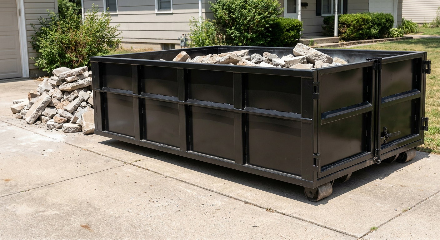 A matte-black low-side heavy-debris roll-off dumpster placed directly on a Buckeye concrete driveway, with broken concrete chunks neatly stacked beside it under clean daylight.